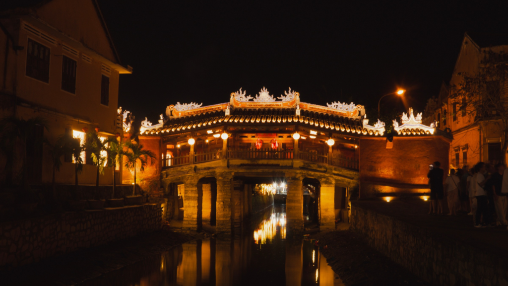 Japanese Covered Bridge illuminated in Hoi An at night