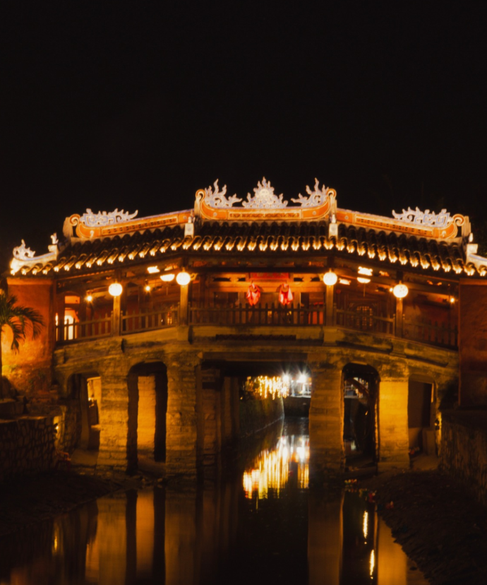 Japanese Covered Bridge illuminated in Hoi An at night