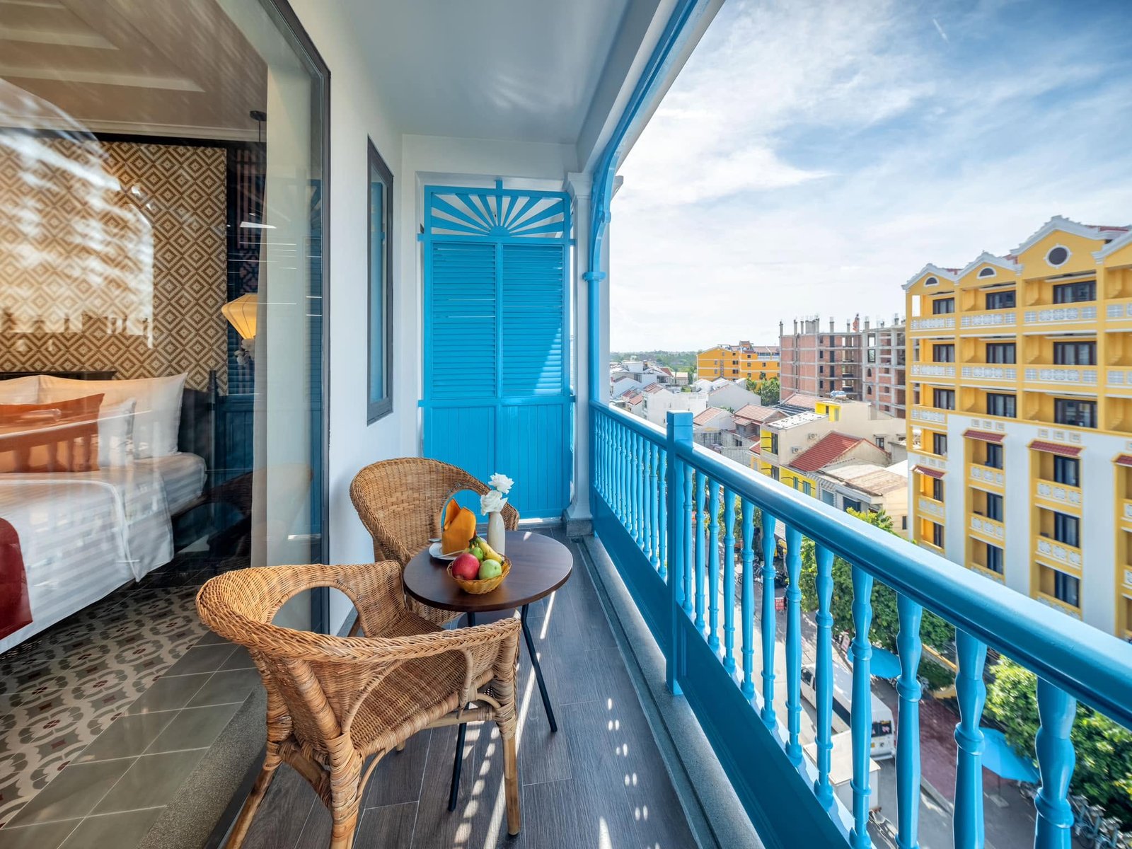 Blue heritage balcony overlooking Hoi An town