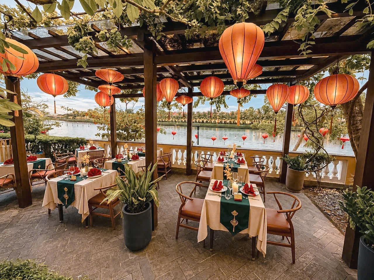 Lantern-lit terrace at Traders Waterfront Restaurant